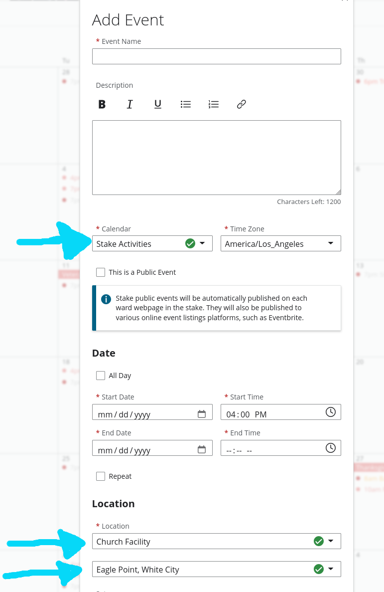 Select Calendar and Location